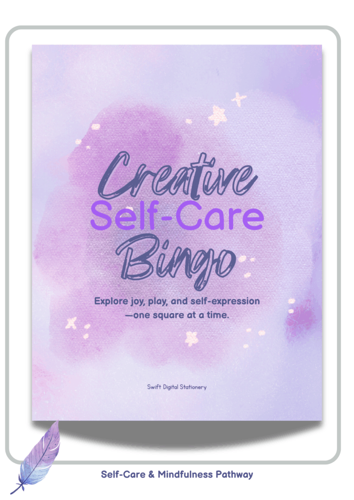 Watercolor guide cover in purple and pink hues titled “Creative Self-Care Bingo – Explore joy, play, and self-expression—one square at a time,” with feather icon and Self-Care & Mindfulness Pathway label