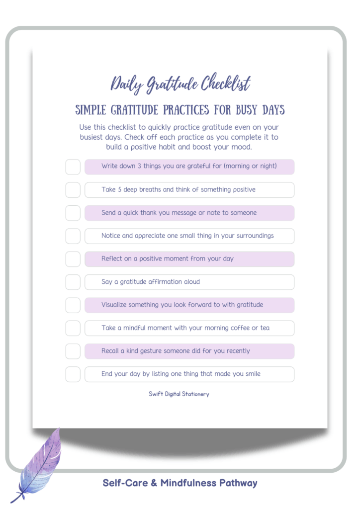 Checklist titled “Daily Gratitude Practices for Busy Days” with ten gentle prompts for reflection, set against a soft background and marked as part of the Self-Care & Mindfulness Pathway