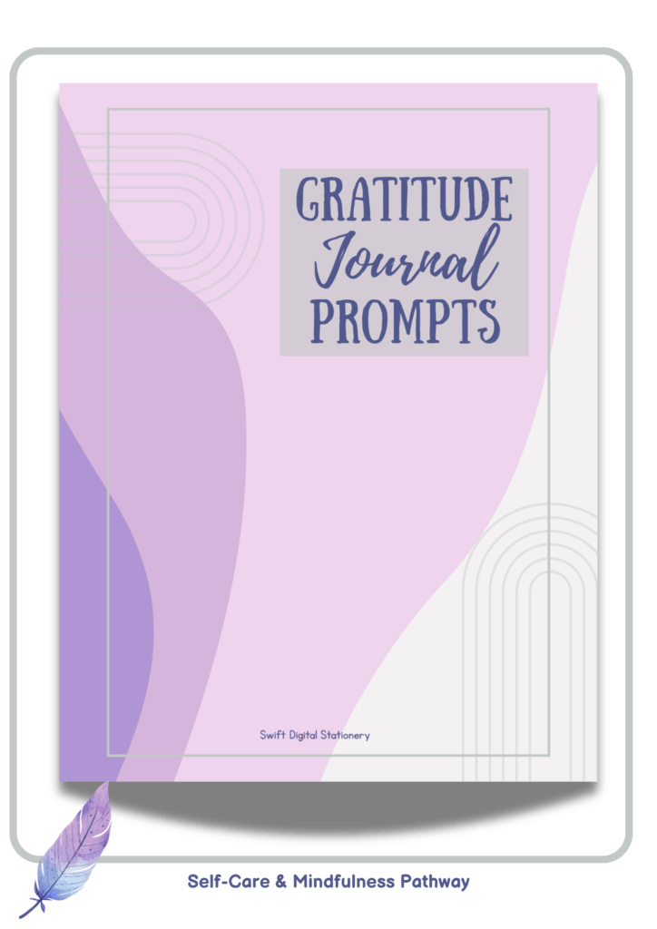 Pastel purple guide cover titled “Gratitude Journal Prompts” with abstract shapes, feather illustration, and Self-Care & Mindfulness Pathway label