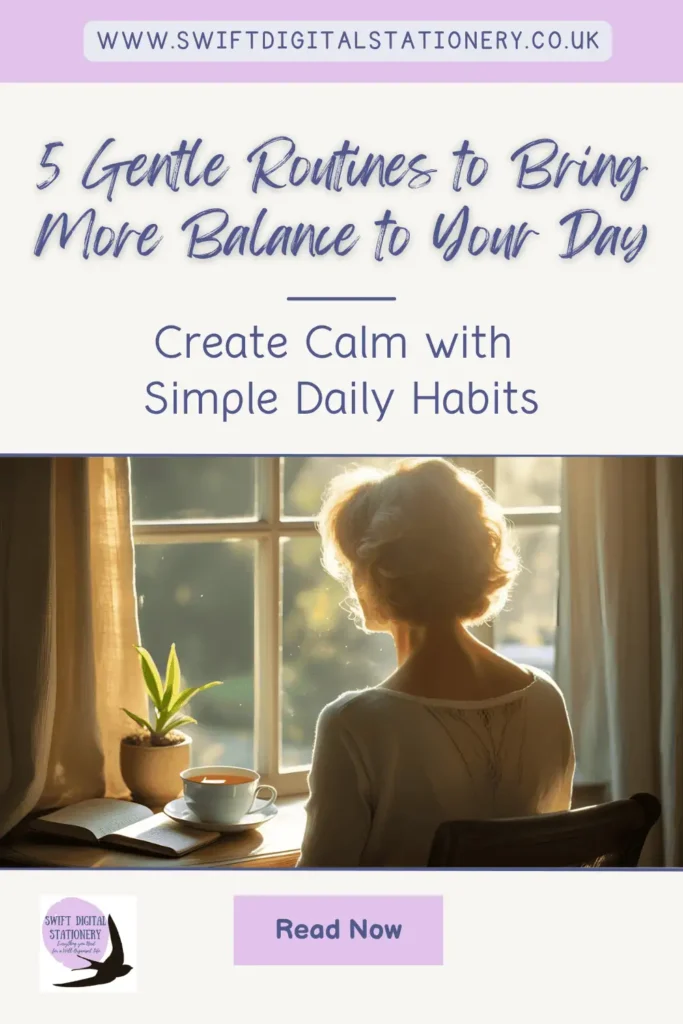 Promotional Pinterest graphic for Swift Digital Stationery featuring calming routines, a person at a sunlit table, and a purple banner with website URL.