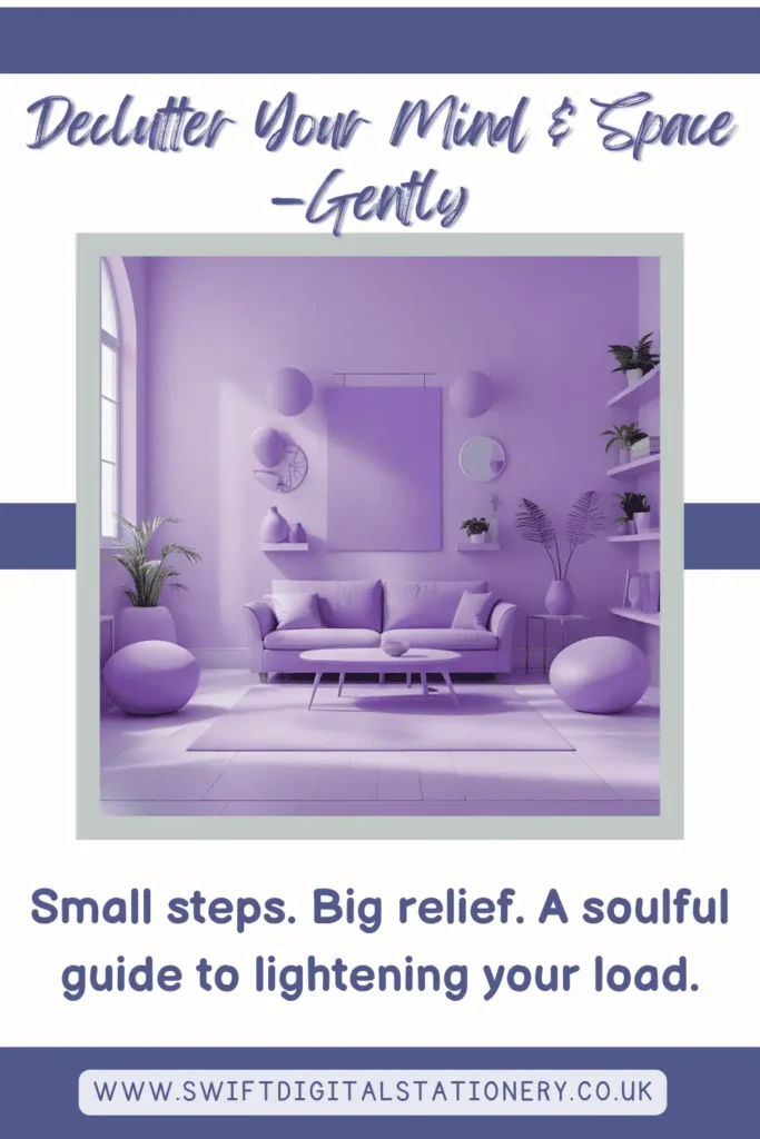 Minimalist lavender living room with soft natural light, symbolizing decluttering mind & space matters