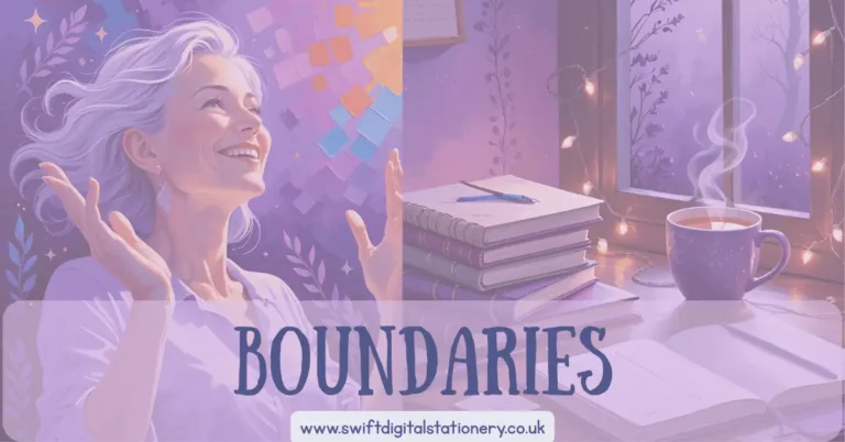 Split image showing a joyful older woman with white hair and raised arms on the left, and a cozy nighttime scene with books, tea, and fairy lights on the right. The word “BOUNDARIES” is displayed at the bottom.