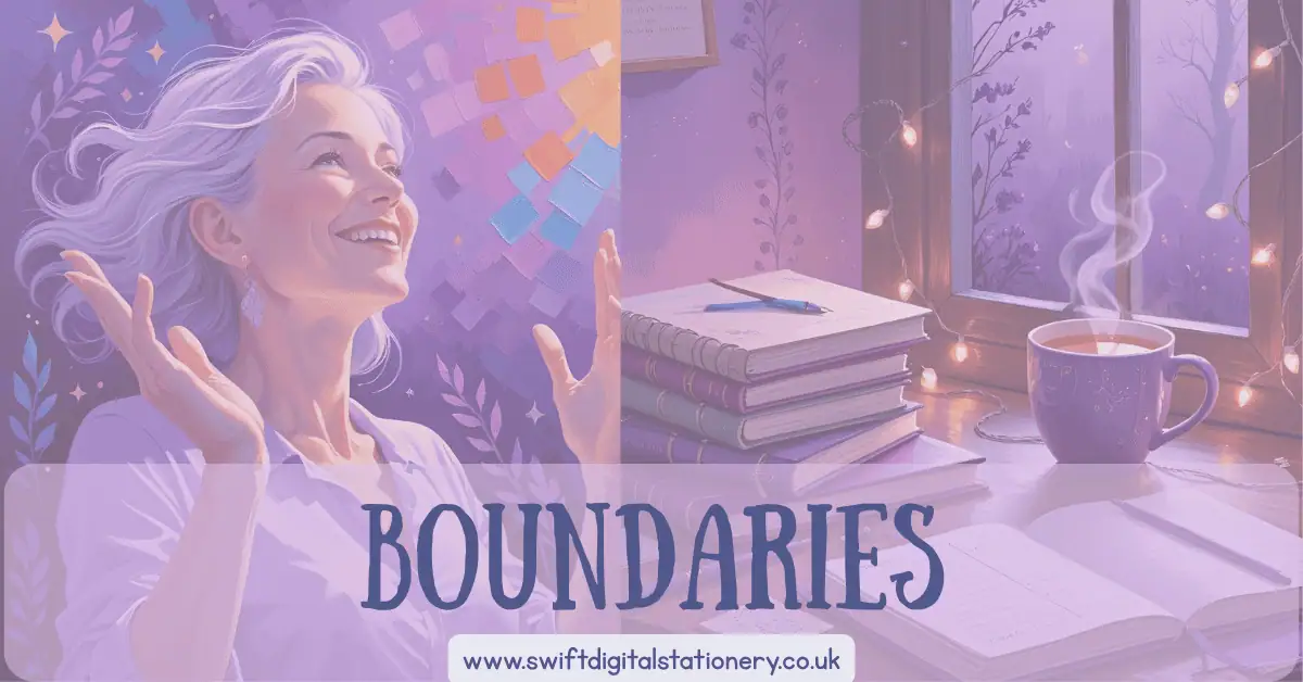 Split image showing a joyful older woman with white hair and raised arms on the left, and a cozy nighttime scene with books, tea, and fairy lights on the right. The word “BOUNDARIES” is displayed at the bottom.