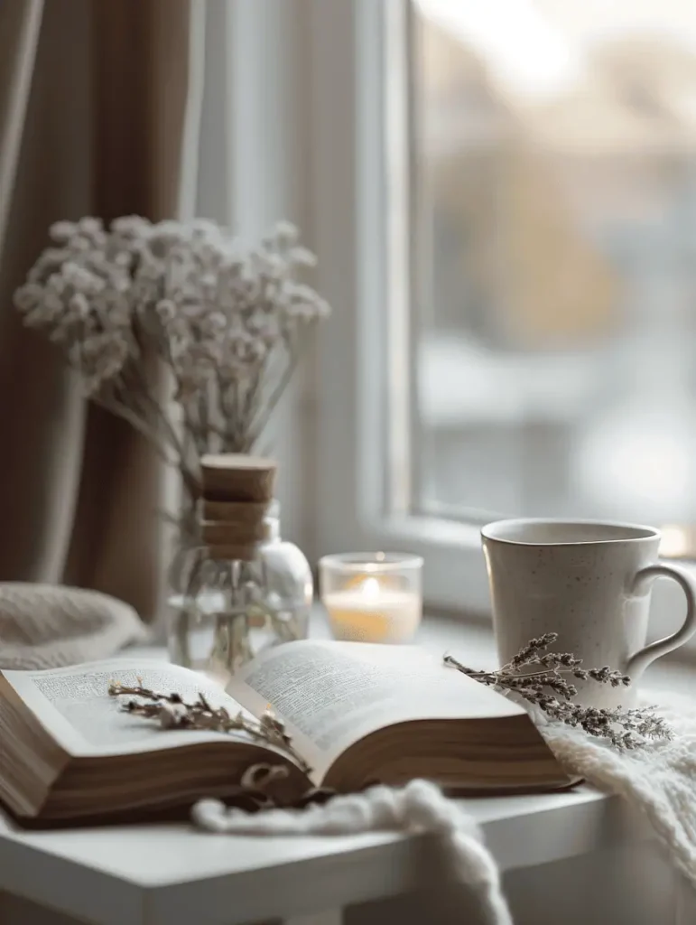 A cozy white table near a window with an open book, ceramic mug, lit candle, dried flowers, and a knitted blanket—evoking peaceful gentle routines for midlife women as a morning ritual.