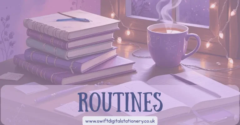 Cozy scene with books, notebook, pen, and steaming mug on a wooden table by a window with string lights, overlaid with the word "ROUTINES" and Swift Digital Stationery URL.