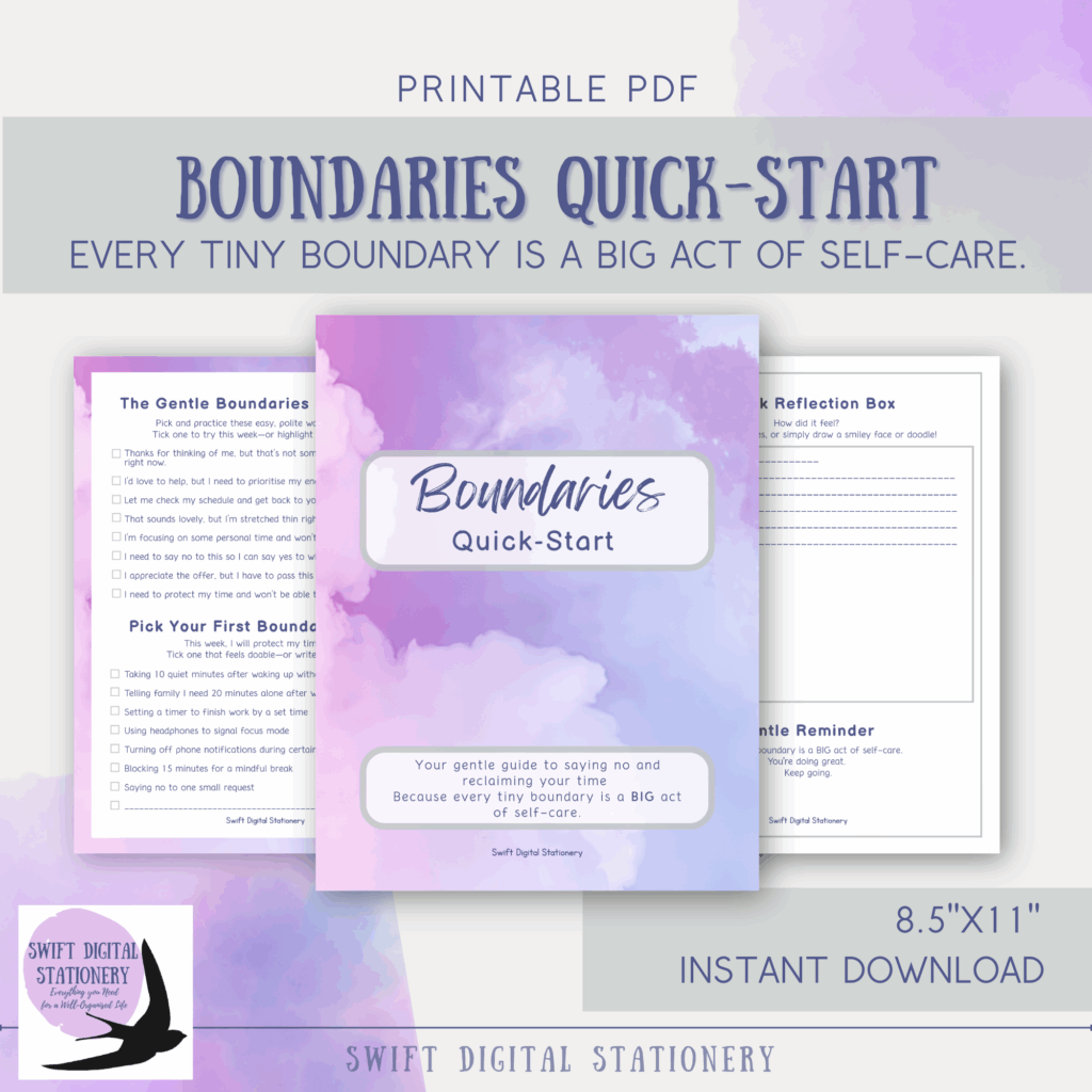 Printable about midlife boundaries titled “Boundaries Quick-Start” by Swift Digital Stationery, featuring gentle boundary scripts, prompts, and a reflection box with a calming purple and pink watercolor background.