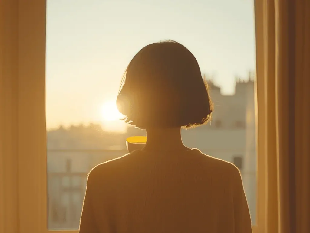 Back view of a woman with short hair standing at a window, bathed in golden sunrise light, evoking reflection and calm. Gentle morning habits for midlife women.