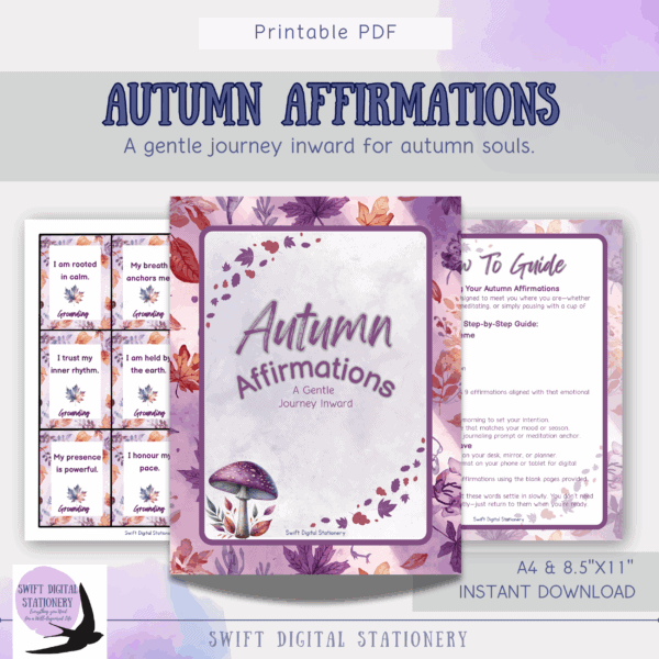 Promotional graphic for printable Autumn Affirmation Deck featuring seasonal illustrations, sample cards, and a gentle guide for emotional reflection