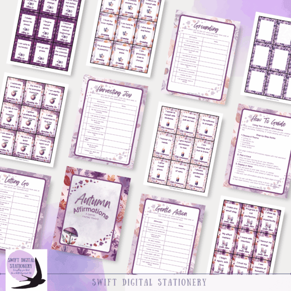 Grid layout of printable autumn affirmation pages featuring seasonal themes like Harvesting Joy, Grounding, Letting Go, and Gentle Action with soft pastel design and floral motifs