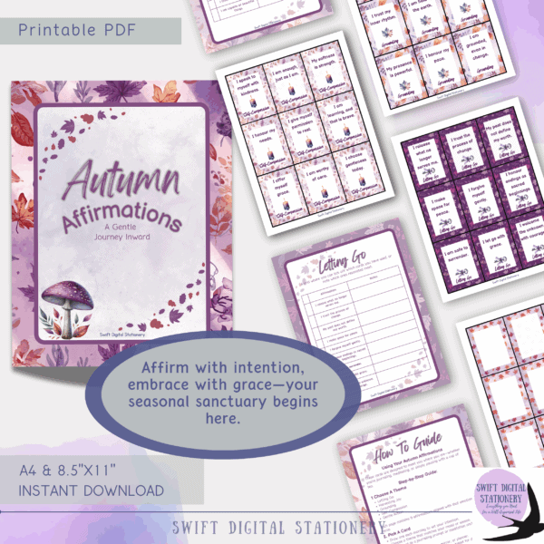 Promotional graphic showing printable Autumn Affirmation Deck with cover page, sample cards, and themed worksheets in a cozy seasonal design