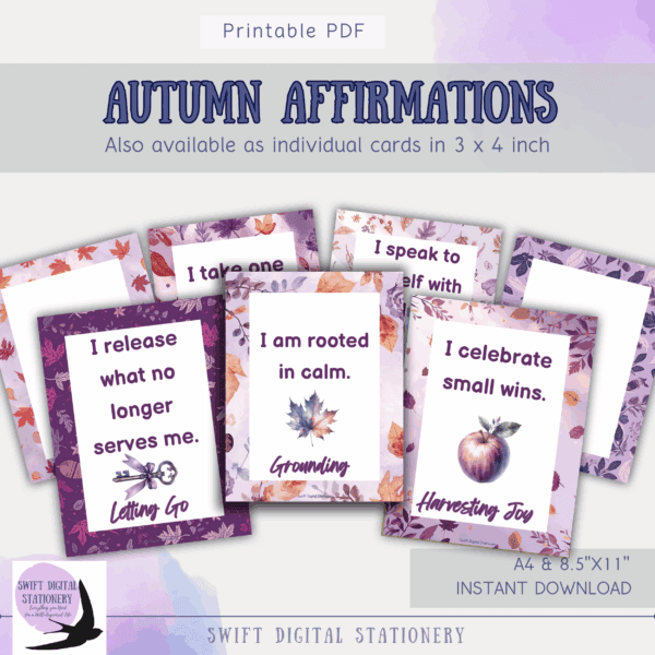 Promotional graphic showing six printable affirmation cards with autumn-themed designs and messages for emotional clarity and seasonal reflection