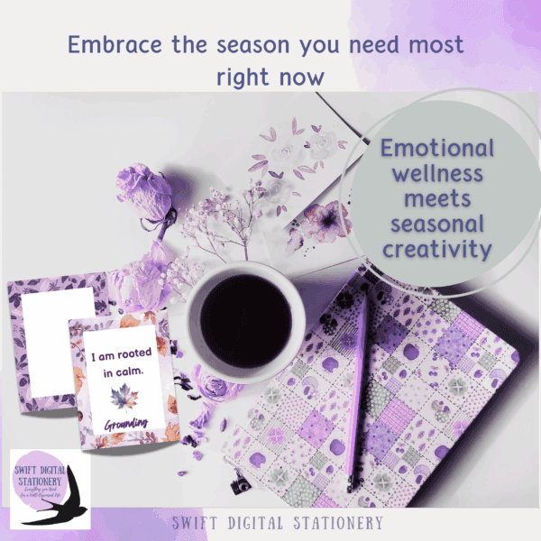 Flat lay with autumn-themed affirmation card, coffee cup, floral notebook, and cozy textures promoting emotional wellness and seasonal creativity