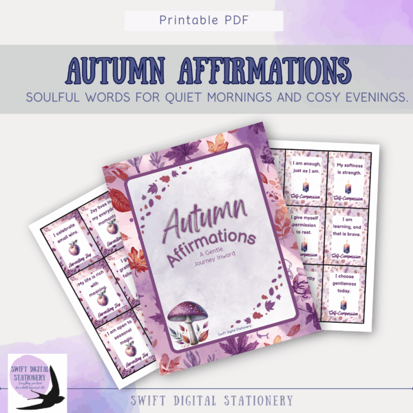 Flat lay with autumn-themed affirmation card, coffee cup, floral notebook, and cozy textures promoting emotional wellness and seasonal creativity