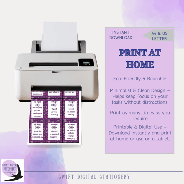 Promotional graphic showing a printer producing purple-themed printable stationery with clean design and multiple sections for personal organization
