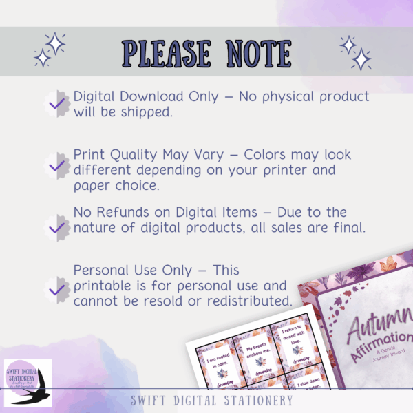 Decorative graphic outlining digital product terms including no refunds, personal use only, and print quality disclaimer, with preview of Autumn Affirmation Deck