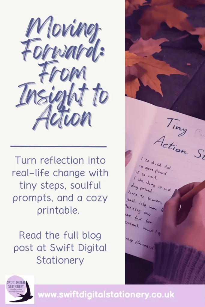 Cozy autumn scene with a person journaling under the heading “Tiny Action Steps,” surrounded by warm textures, tea, and seasonal decor. Lists gentle habits like sleep, hydration, and gratitude.