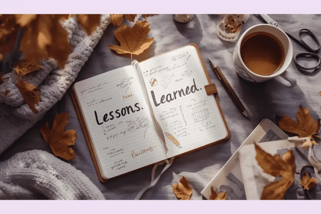 Open journal titled lessons learned surrounded by autumn leaves, tea, and cozy textures—evoking personal growth and seasonal reflection