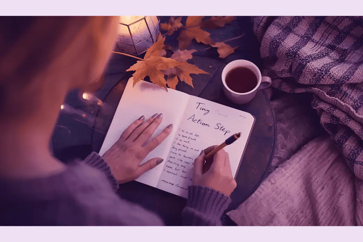 Promotional graphic for blog post titled “Moving Forward: From Insight to Action,” featuring a cozy autumn scene with journaling and warm seasonal textures. Encourages midlife women to turn reflection into gentle, doable action.