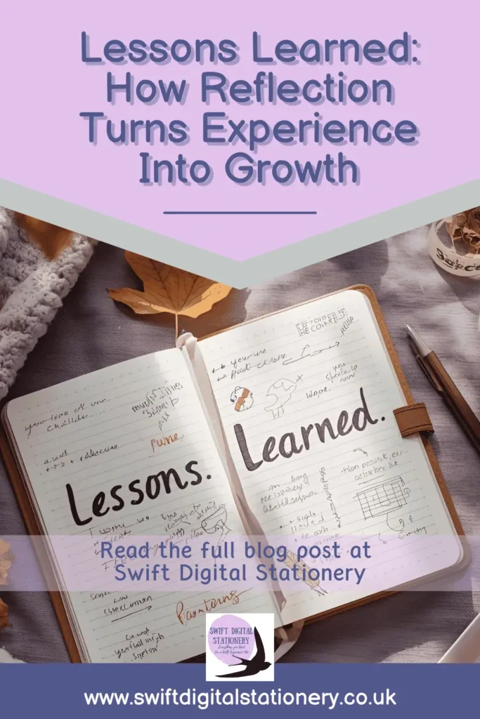 Promotional graphic for blog post “Lessons Learned: How Reflection Turns Experience Into Growth,” featuring a cozy journal scene with autumn leaves and handwritten notes