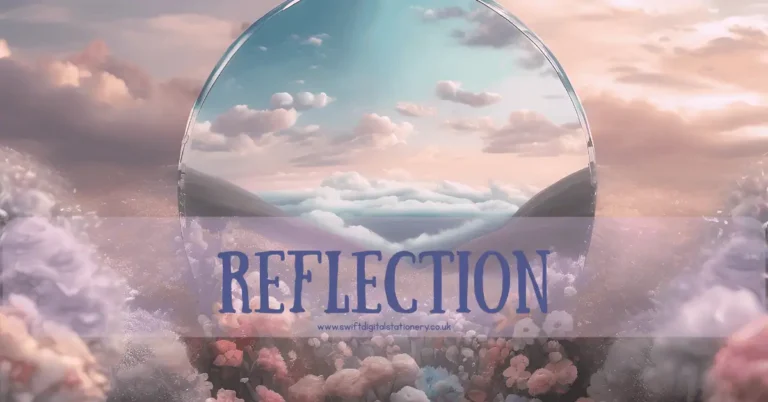Surreal floral landscape with a reflective mirror and pastel clouds, symbolising personal growth and introspection