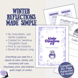 Promotional image for the Winter Reflections Kit featuring a purple owl illustration, snowflakes, and sample printable pages. Text highlights emotional clarity, gentle guidance, and instant download.