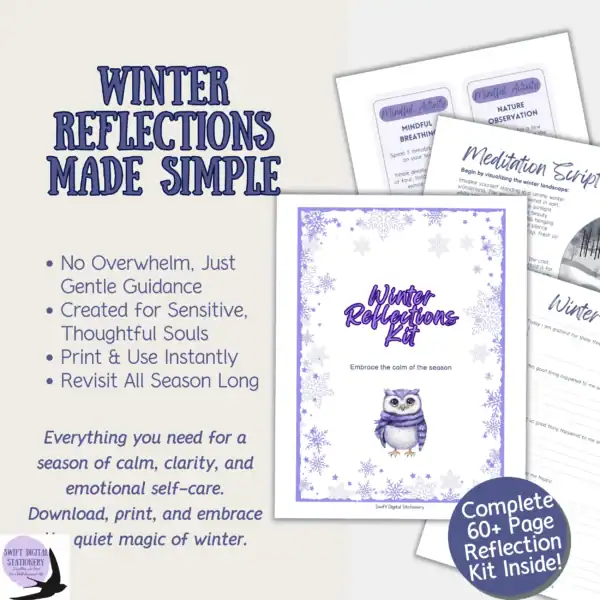 Promotional image for the Winter Reflections Kit featuring a purple owl illustration, snowflakes, and sample printable pages. Text highlights emotional clarity, gentle guidance, and instant download.