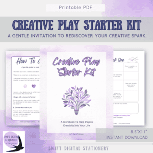 An image of the creative play starter kit showing the front cover and two pages from the pdf