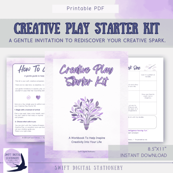 An image of the creative play starter kit showing the front cover and two pages from the pdf