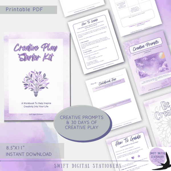 An image of the creative play starter kit showing the front cover and several pages from the pdf