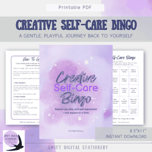 Image showing the Creative Self-Care Bingo product cover and two pages inside the PDF